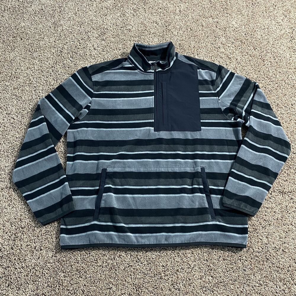 Duluth Trading Pullover Mens Large Gray Black Striped Fleece Quarter Zip Pocket